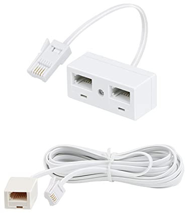 Uvital BT Telephone Extension Cable and Telephone Splitter Kit, 5 Meters 6-Pin Straight Through Cable, and RJ11 Male Plug to Double Female Socket Phone Adapter for UK Landline and Office Fax