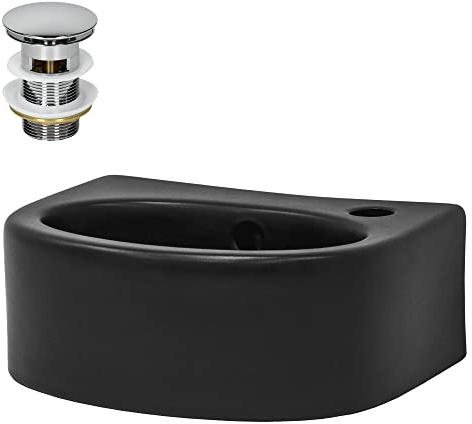 ML-Design Lavabo da Appoggio in Ceramica 33,5x25,5x13 cm Nero Opaco incl. Piletta di Scarico per Lavandino con Troppopieno Lavello per Bagno Set Drenaggio Acciaio Inox Montaggio del Rubinetto a Destra