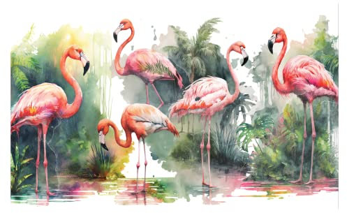 WallArena - Vlies Fototapete Flamingo Tiere Pflanzen Blätter Aquarell 368x254 cm - Fototapeten - Tapeten - für Wohnzimmer Schlafzimmer - Vliestapete Wandtapete Tapete 3D Effekt- inkl. Kleister