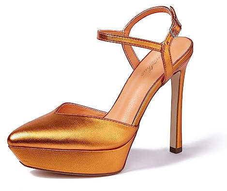 GENSHUO Plateau Hauts Talons Femme Sandales à Talons Aiguilles avec Lanières à la Cheville Escarpins Fermés Sexy 12 CM/4,72 Pouces Sandales à Talons Hauts pour la Fête Prom, Orange 39EU