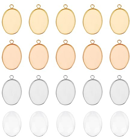 UNICRAFTALE 30 Sets 3 Farben 304 Edelstahl ovale Leere Lünetten Anhänger Set Mit 18x13 mm Glas Cabochons Hypoallergenen Tabletts Basis Anhänger Cabochon Für Die Schmuckherstellung DIY Zubehör