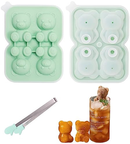 DINGFENG Silikon Eiswürfelform, groß Eiswürfelform mit Deckel, 4-Fach Niedliche Bär Eiswürfel Form, BPA-Frei Wiederverwendbar Ice Cube Tray, Eiswürfelformen für Eis, Whiskey, Cocktail, Saft