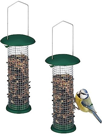 Relaxdays Vogelfutterstation 2er Set, zum Aufhängen, Futtersäule für Wildvögel, H x D: 31 x 10 cm, Metall, grün/Silber