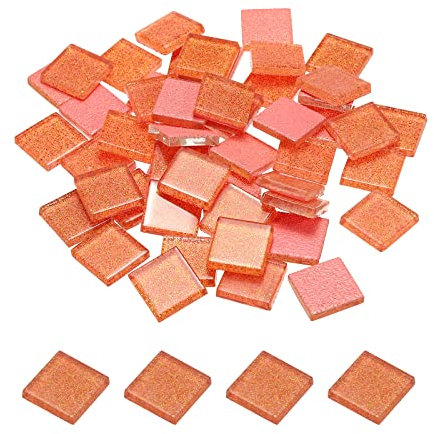 sourcing map Mosaïque Carrelage Tuile Tesselle, Verre Éclat Cristal Vrac Carré Paillettes Carreaux 2x2cm pour Maison Décoration, Pack de 50(200g, Fluorescent Orange)