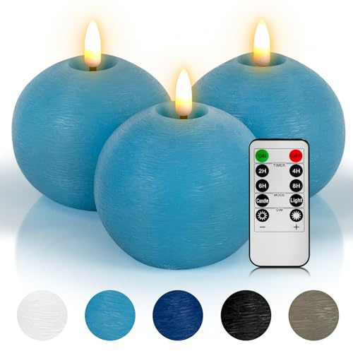 Yongmao Flameless Candles with Remote, Teal Round Candles Ball LED Battery Operated Real Wax Candles Warm Light 3D Wick Flickering for Home Party Wedding Decor (Set of 3)