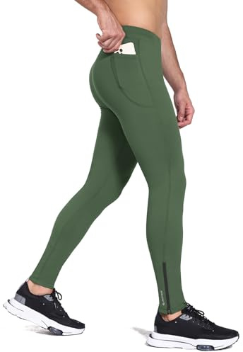 baleaf Men's Winter Running Tights Thermal Cycling Pants Water Resistant Fleece Leggings Zipper Pockets Cold Weather Gear Green L