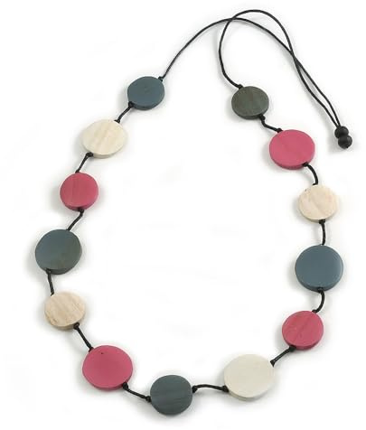 Avalaya Collana in corda di cotone nero con perline a forma di moneta, colore rosa/grigio/bianco, lunghezza massima 100 cm, regolabile, Misura unica, Legno Cordoncini legno, Nessuna pietra preziosa