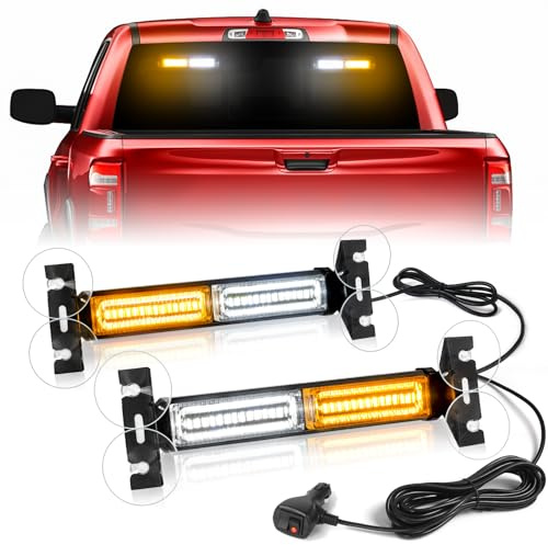 HLauto 1002L Emergency Strobe Traffic Advisor Light Bar: 40 LED Dash Safety Warning Flashing Light, Front/Rear Windshield Visor for Construction Vehicle, Tow/Plow Truck (2x10.7inch, Amber White)
