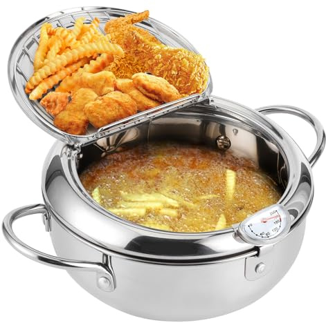 Freidora Tempura Japonesa Acero Inoxidable con Termómetro Tacto Frío Recordatorio Nivel Aceite 24cm para Cocina Hogar
