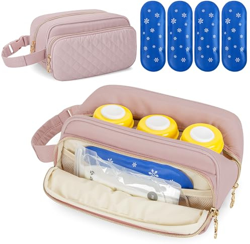 Damero Bolsa Enfriadora de Leche Materna con 4 Bolsas de Hielo, Bolsa Enfriadora de Biberones de Viaje para Madres Lactantes, Rosa