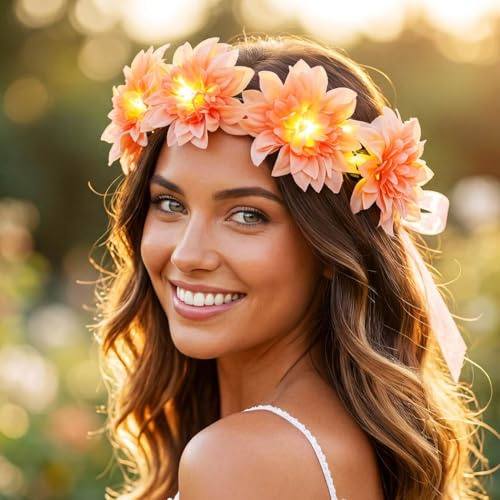 Fashband LED Blumenkrone Haarbänder Leuchtende Florale Haarkranz Festival Kopfschmuck Halloween Party Kopfbedeckung für Frauen (rosa)