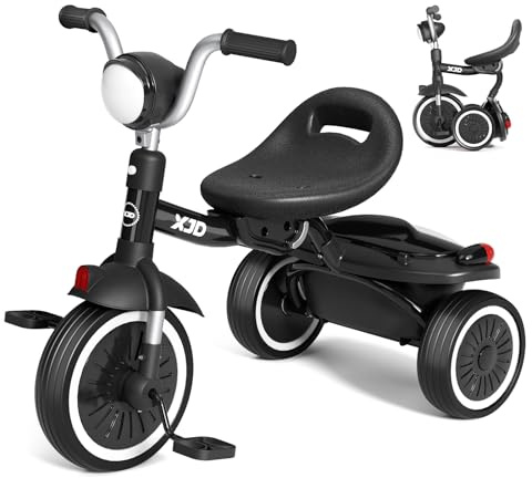 XJD Barn trehjulingar småbarn trehjuling 3-hjul baby trehjulingar för vikbar cykelcykel med avtagbara pedaler och justerbart säte för 2-5 år gamla pojkar flickor presenter, svart