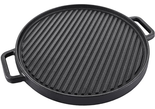 MEIDIV Cast Iron Griddle Plate, 12in Double-Sided Grill Pan for BBQ, 30cm Non-Stick Griddle Pan with Handles for Gas, Electric Hob