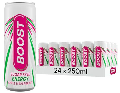Boost Energy Drink Sugar Free Raspberry & Apple - 24 Pack Drinks with Caffeine, Taurine and Vitamin B | Carbonated Energy Drinks | Gluten Free Vegan Low Calorie Zero Sugar Fizzy Drinks | 24x250ml