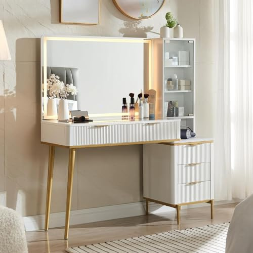 T4TREAM Fluted Makeup Vanity Desk with 36 HD Lighted Mirror, 48 Big Modern Vanity Desk with Mirror and Lights, Dressing Table with 5 Drawers & Shelves, Glass Top for Bedroom (Off White)