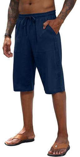CTU Mens Linen Shorts Casual Cotton Summer Beach Elastic Trousers 3/4 Length Pants Shorts Dark Blue
