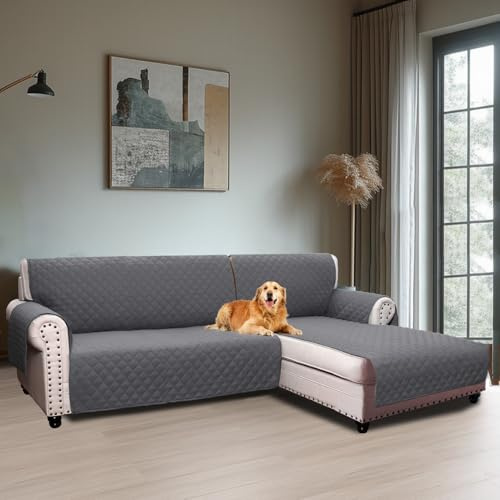 BellaHills Sofaüberzug Wasserabweisend rutschfeste Sofaüberwurf Abnehmbar mit Armlehnen Taschen und Gummiband Chaiselongue Rechte (247CM) Grau