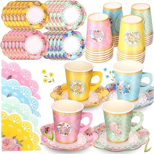 BSRESIN Set di 72 tazze da tè usa e getta in carta con motivo floreale e piattini, 255 g, vintage, con tovaglioli per feste di compleanno, baby shower, matrimoni, pomeriggi, tè, feste, decorazioni