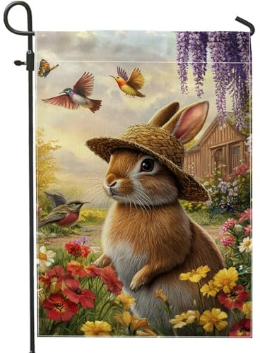 Gartenflagge für Frühling, Sommer, Kaninchen, brauner Hase, Strohhut, Blumenmuster, Outdoor-Dekoration, doppelseitig, leicht, Hofbanner für Gartendekoration, 30,5 x 45,7 cm