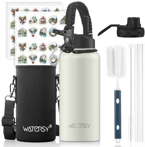 WATERSY 946ml Botella Térmica, Botella con 2 tapas Acero Inoxidable 32oz Beige Sin BPA, Termo de Agua con Pajita Doble Pared para Frío 48h/Calor 24h, para Gimnasio, Viajes y Deporte