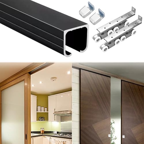 Binario per porta scorrevole Kit Ferramenta Per Porta Scorrevole Da Fienile, Kit Binario Per Porta A Scomparsa/ Guida Per Scatola Di Montaggio Superiore Per Cucina Bagno Veranda Esterno(Black,40 in/10