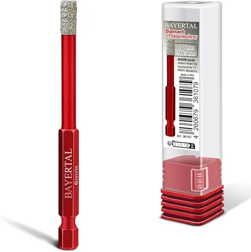 BAYERTAL® Broca para azulejos 6 mm hexagonal E 6.3 - Broca de diamante 6 mm para taladrar azulejos duros - Compatible con atornilladores y taladros inalámbricos