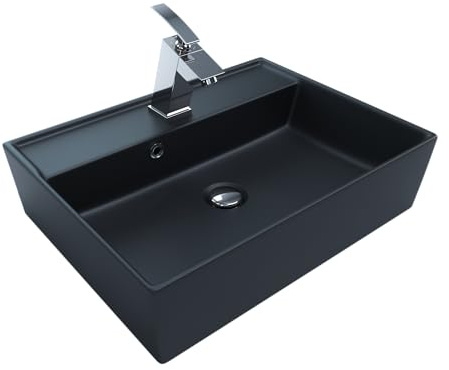 Design Waschtisch 50x38cm Schwarz Matt Waschbecken Aufsatzwaschbecken Keramikwaschbecken Waschplatz mit Armaturenloch und Überlauf