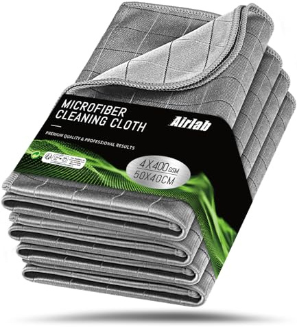 Airlab 4X Paño de Limpieza de Carbono, Bayetas para Cristales Sin Rayas | 400GSM Balletas Microfibra Grande Sin Pelusa, Trapos Mágicos Para Lavar Coche Ventanas Espejo Parabrisas Salpicadero, 50x40cm