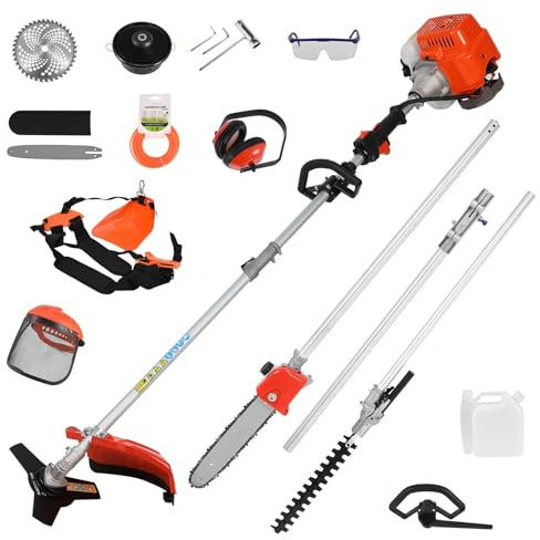 yoakaiax Tondeuse à gazon sans fil 5 en 1, tondeuse à gazon 52 CC à gaz, taille-haie sans fil, débroussailleuse à 2 temps, tronçonneuse manuelle, élagueuse à haie orange