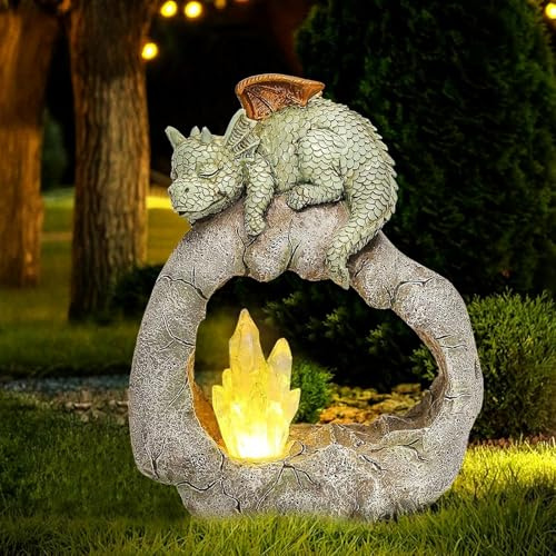 Justup Solträdgårdsstatyer, utomhus drakfigurer, trädgårdsdekoration med LED-solljus, vattentät, drakdekoration för trädgård, uteplats, present till mamma