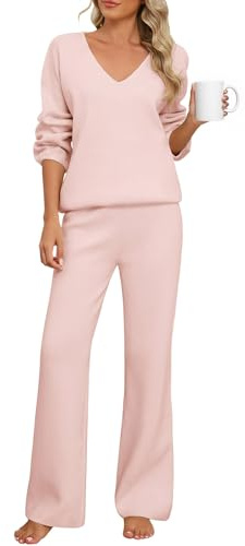 PASUDA Conjunto Punto Mujer 2 Piezas Invierno Otoño Pijama Largo Color Sólido Deportivo Conjunto Mujer Vestir Dos Piezas de Salón Chandal Mujer Cuello en V y Pantalones Suelto (Rosa, M)