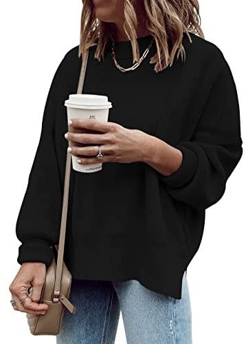 Saodimallsu Maglione da donna oversize a maniche lunghe con girocollo a coste, pullover a maglia con spacco laterale per autunno e inverno, Nero , L