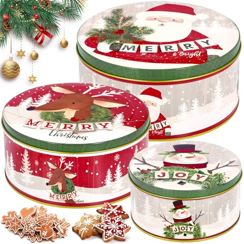 ZQEJEFD Keksdosen 3er Set, Weihnachtsdosen, Plätzchendose Weihnacht Bedruckte Runde Metalldosen, Weihnachten Keksdosen Metall mit Deckel, Gebäckdose für Kekse, Süßigkeiten, Schokolade und Geschenke