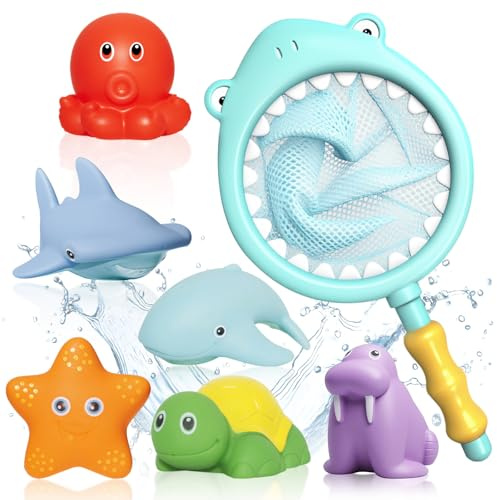 Bosmsaslad 7 Pcs Juguetes Piscina Niños, Juguetes Bañera Baño Bebe con Animales Marinos y Red, Flotan Echan Agua, Piscina Acuáticos para pPiscina Infantil, Jardín, Playa, Regalo Niñas y Niños