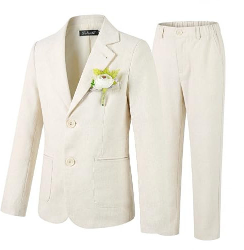 LOLANTA 2 Pezzi Completo Giacca e Pantaloni in Lino per Bambino, Abito Cerimonia Elegante Bambino, Ragazzi Paggetto Matrimoni Battesimo Abito in Lino Suit Set, Beige, 10-11 Anni, 150
