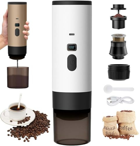 PZCC 3 En 1 Machine à Cafe Portable, 72W CafetièRe Portable, 12V Expresso CafetièRe Rechargeable, USB CafetièRes Expresso à Capsules, RéServoir D'Eau 90ml, Pour Bureau Camping Voiture Voyage (Blanc)