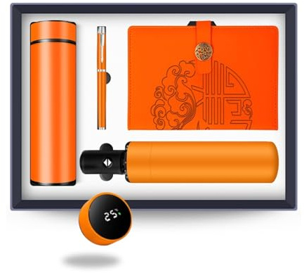 Jystock Limited Luxury Gift Box Set – Premium Essentials for Him & Her – Ideal Corporate, Birthday, Christmas, Valentine’s & Mother’s Day Gift (Vacuum Flask, A5 Notebook, Pen, Umbrella). Orange