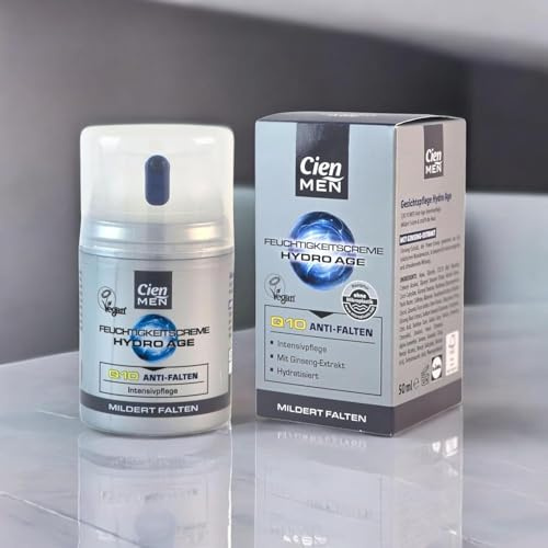 Cien Men Hidro Age Q10 Crema hidratante intensiva antiarrugas con extracto de ginseng, cuidado facial vegano para hombres, 50 ml