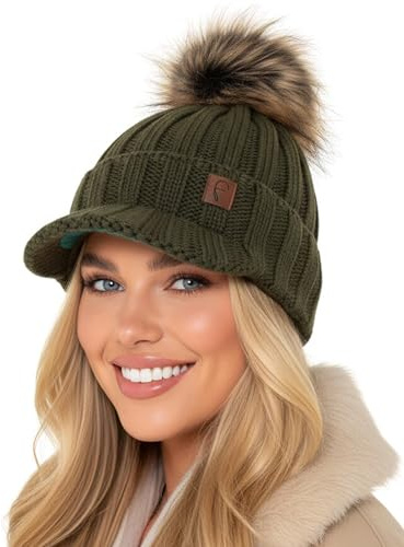 Baesics Bommelmütze Damen Herren - mit Schirm Wintermütze Kunstfell Bommel | Mit flauschigem Pompon und weichem Fleecefutter, Größe ca. 54-58 cm, Strick aus der EU. Warm für Herbst, Winter und als