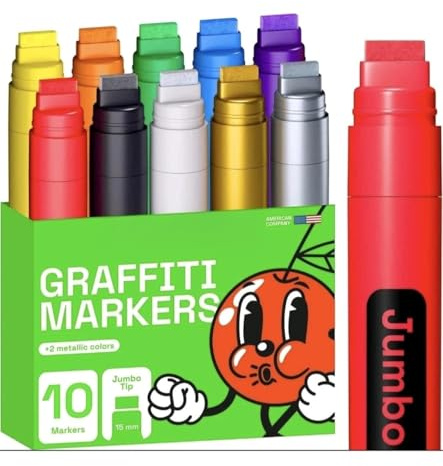 10 Jumbo Acrylic Markers highlighters with 15mm Jumbo Felt Tip for Murals, Posters, Art, Journals, Tagging, Calligraphy, Poster, Rock Wood, Plastic, Leather, Metal, Fabric, Ceramic.