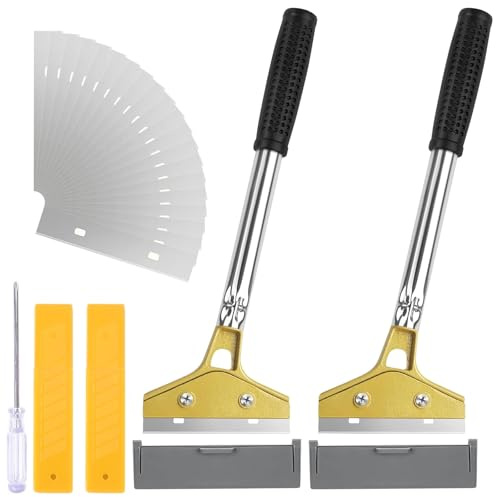 2pcs Wallpaper Scraper with 20pcs Replacement Blades, Long Handle Heavy Duty Scraper Tool, Non Slip Soft Grip Scraper Tool, Tile Scraper Removes Wallpaper for Home and Kitchen Cleaning