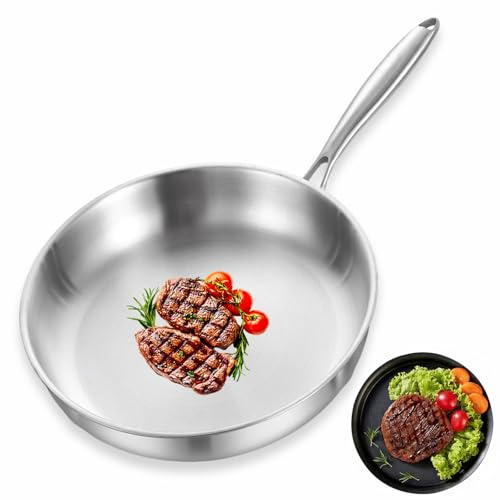 Edelstahl Pfanne 28cm, Unbeschichtete Bratpfanne mit Abnehmbarem Griff | PFAS-frei Dreilagige, für Alle Herdarten, Spülmaschinenfest, schnelles Aufheizen Energieeinsparung hitzebeständig bis 400 °C