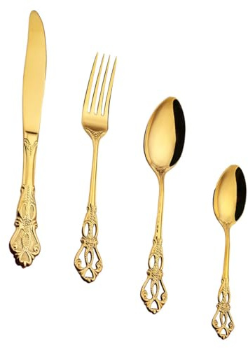 Cabilock Set de Couverts Acier Inoxydable Doré pour Steak Service Occidental Vaisselle Robuste et Légère Design Vintage avec Couteau à Steak Pratique Adapté Maison et Restaurant