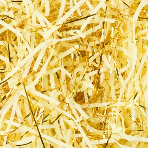 dellyy 300 g premium fyllningsmaterial gåva guld, strimlat papper för presentförpackning, fyllningsmaterial för paket, festival presentdekoration, för paketfyllning och diy-dekoration (guld och gul)