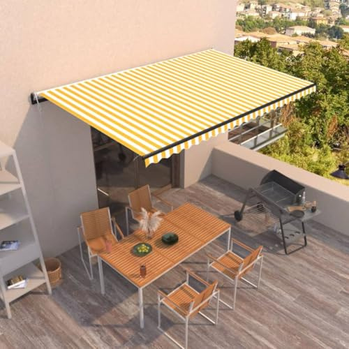 Owoxanthellate Elektrische Markise 500x300 cm Gelb Weiß Anthrazit Aluminiumrahmen Fernbedienung & Handkurbel Klappbarer Sonnenschutz für Terrasse Garten Balkon und Campingplatz