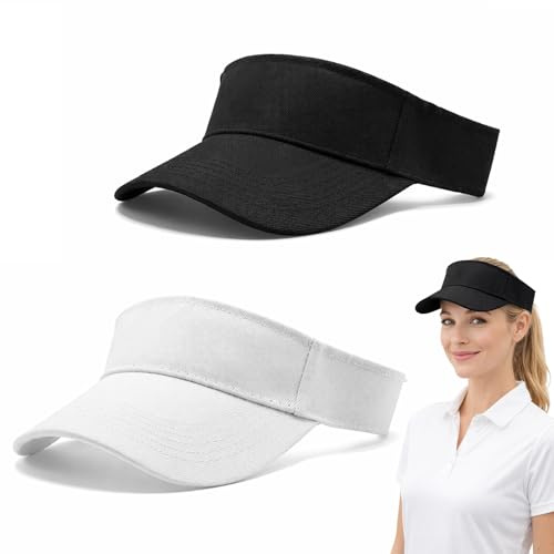 GYTFOG 2 Pcs White and Black Sun Visors for Women, Golf Visor, Empty Top Sun Hat, Visor Hat for Golf Cycling Fishing Tennis Running Visor Hats for Men Women