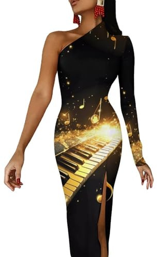 Golden Musical Notes - Vestido largo de media manga con abertura y hombros descubiertos para mujer, vestido de cóctel, Estilo:, S