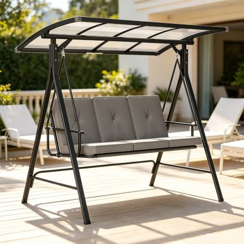 Blishom Balançoire de Jardin Hollywood 3 Places Gris, Convertible en Lit avec Toit Pare-Soleil Réglable, Structure Métallique Stable Tissu Étanche pour Terrasse Jardin