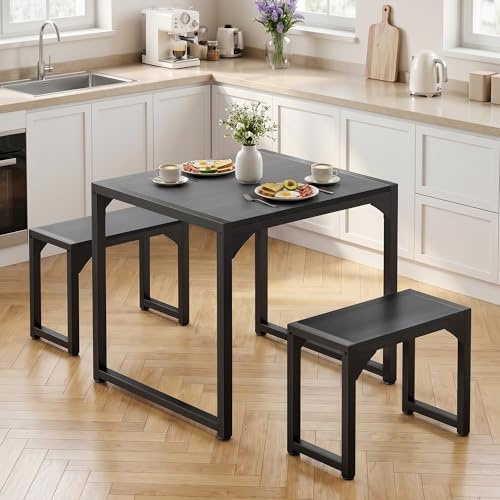 Blishom Esstisch mit 2 Bänken, 3-teiliges Esstisch-Set, Küchentisch 65x65x76cm, 2 Bänke je 30x50x45cm, kompaktes Esstisch-Set aus Metallrahmen für Küche & Esszimmer, Schwarz