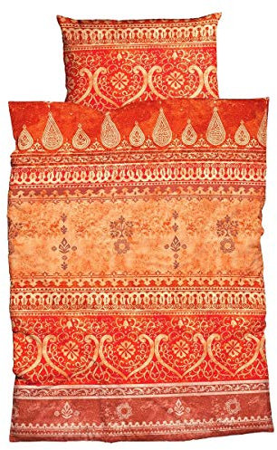 Traumschlaf Mako-Satin Bettwäsche Indi Orange – 100 % Baumwolle, glänzend & atmungsaktiv, orientalisches Design mit Ornamenten – 240 x 220 cm + 2 Kissenbezüge 80 x 80 cm